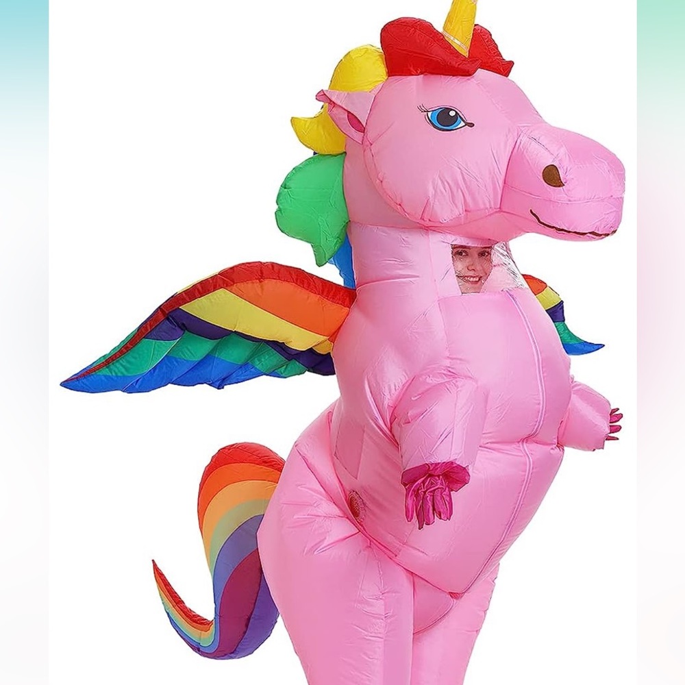 New in the package! Rainbow unicorn with wings inflatable costume.